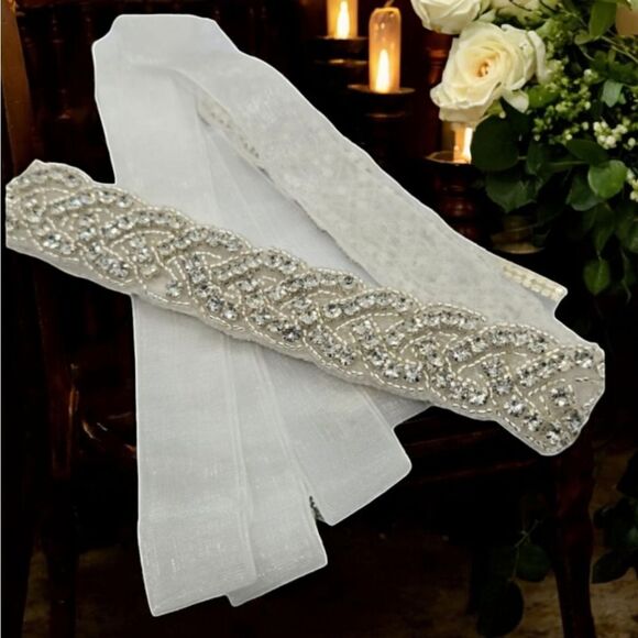 Rhinestone Beaded Bridal Belt Bride Wedding Gown Dress Sash White Long Plus NWT - Picture 2 of 11